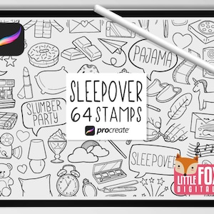 SLEEPOVER STAMPS, Procreate Brushes, Slumber Party Icons, Bundle Doodles. Girls Night Clipart Digital Planner Scrapbook Set Coloring