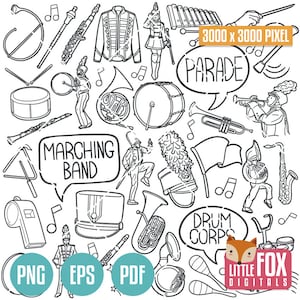 MARCHING BAND, doodle vector icons. Music Parade Band Scrapbook. Pep Brass Band Drums Corps Set Hand Drawn. Sketch Illustration Coloring.