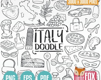 ITALY TRAVEL, Icons vector doodle. Italian Symbol Doodle Icons Clipart Scrapbook Set. Hand Drawn Line Art. Italy Artwork Clip Art Coloring.