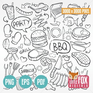 Churrasco, ícones de rabiscos. Clipart de ícones de rabiscos para o dia do churrasco. Arte de linha desenhada à mão para colorir, decoração, esboço, rabisco, design de scrapbook.