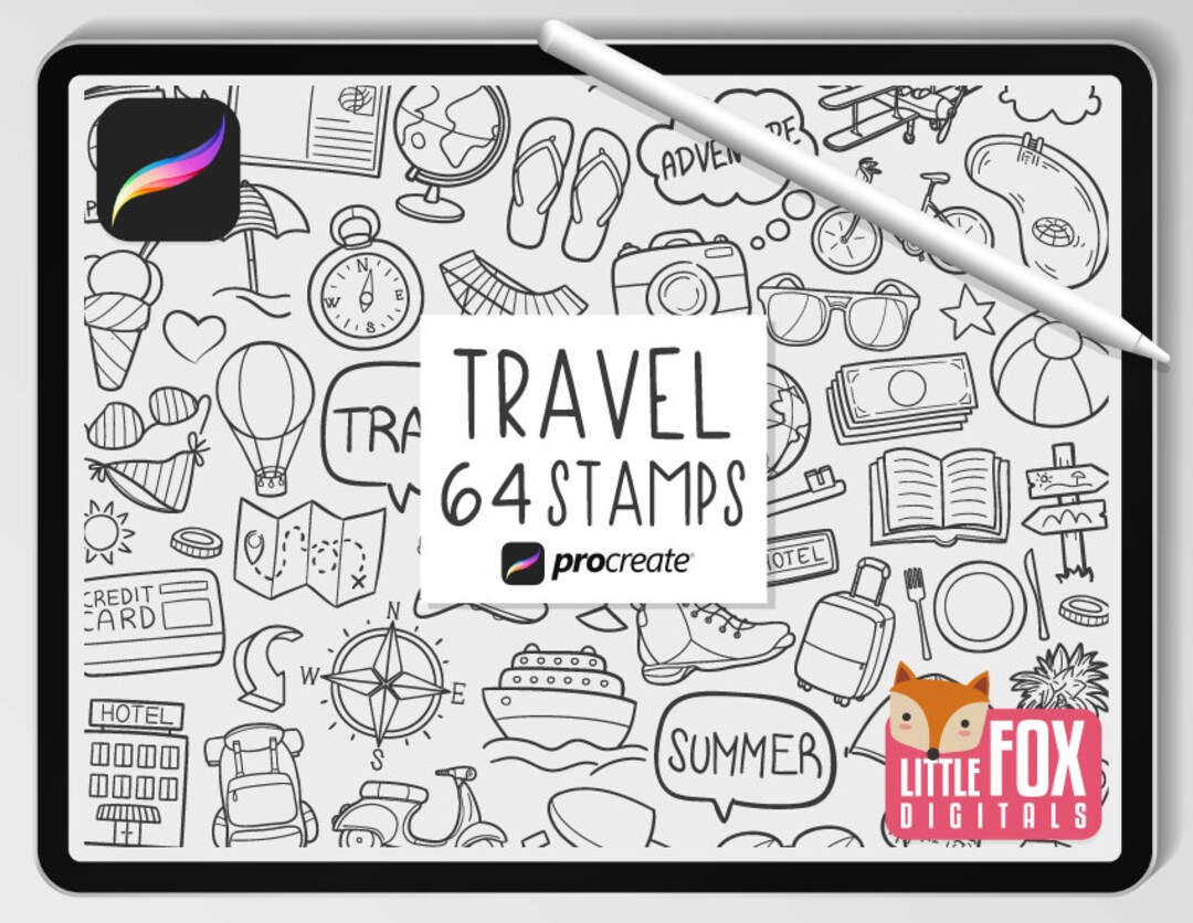 TRAVEL STAMPS, Procreate Brushes, Vacation Icons, Summer Bundle Doodles ...