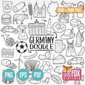 Ícones vetoriais de doodle da ALEMANHA. Clipart da Europa, Alemanha, para scrapbook. Arte desenhada à mão da Alemanha. Clip Art da Alemanha para colorir.