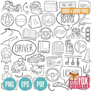 FAHRTSCHULE Clipart Fahrerschulung, Vektor Doodle Icons. Cliparts Scrapbook Kunstwerk Färbung Hand gezeichnet Linie Gekritzel Skizze Scrapbooking