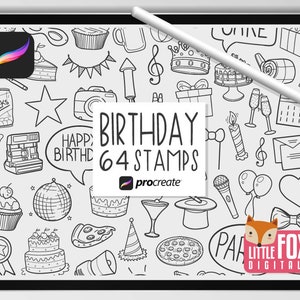 May include: A digital illustration of 64 black and white birthday themed stamps for use with the Procreate app. The stamps include images of cake, presents, balloons, confetti, and more.