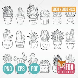 CACTUS, doodle vector icons. Plant Succulent Pot Doodle Icons Clipart Scrapbook. Set Coloring Hand Drawn Sketch Line Art Hand Drawn Design. image 1