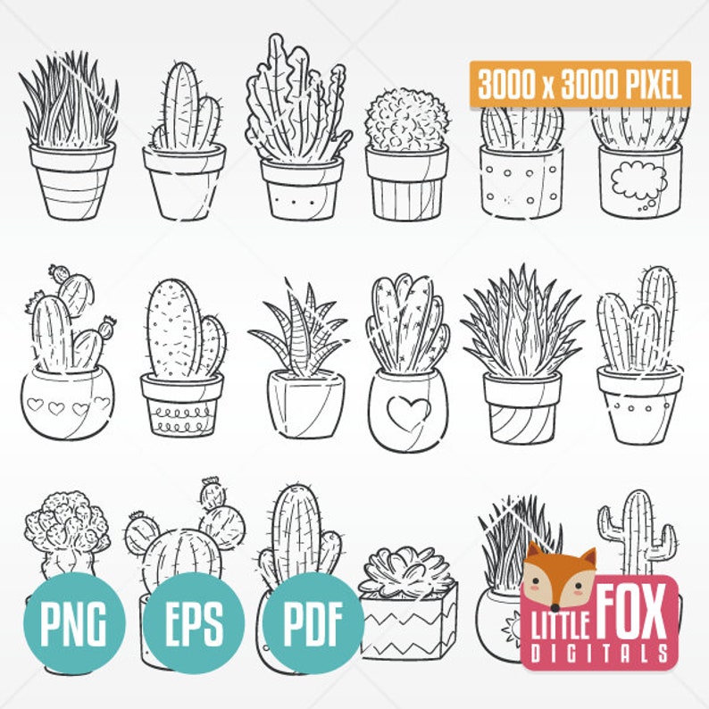 CACTUS, doodle vector icons. Plant Succulent Pot Doodle Icons Clipart Scrapbook. Set Coloring Hand Drawn Sketch Line Art Hand Drawn Design. image 1