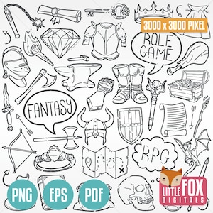 Jeux de rôle, icônes clipart Doodle. Jeu RPG Jouez à Illustration de coloration de scrapbooking fantastique. Oeuvres d'art vectorielles de MMORPG pour timbres dessinés à la main.