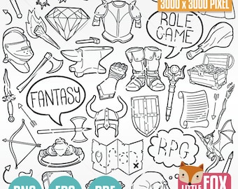 May include: Black and white line art illustration of fantasy and role-playing game elements. Includes a treasure chest, sword, shield, helmet, map, and speech bubbles with the words "FANTASY", "ROLE GAME", and "RPG". Also includes the text "PNG", "EPS", and "PDF".