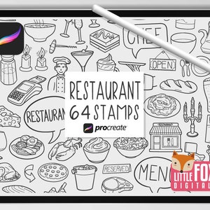 レストラン スタンプ、Procreate ブラシ、食品アイコン、シェフ バンドル 落書き。メニュー 美食 デジタル ステッカー プランナー スクラップブック セット カラーリング。