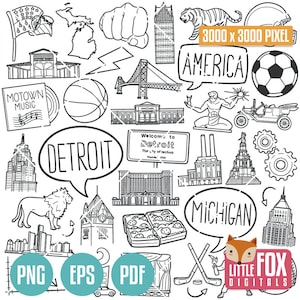 DETROIT, Missouri DOODLE Ikonen. Reise Amerika-Tourismus. Kultur und Symbole . Gebäude Clipart Scrapbook. Set Hand gezeichnet Linie Kunst Design.