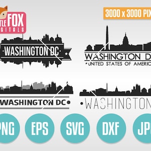 WASHINGTON DC, EUA. Super Pack. Conjunto de clipart de silhueta de cidade da América do horizonte, ilustração digital, álbum de recortes, vetor svg, eps, jpg, png, dxf.
