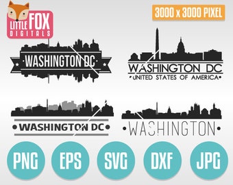 ワシントンD.C.（アメリカ合衆国）。スーパーパック。スカイライン、アメリカ都市シルエット、クリップアートセット、デジタルイラスト、スクラップブック、ベクター、SVG、EPS、JPG、PNG、DXF。
