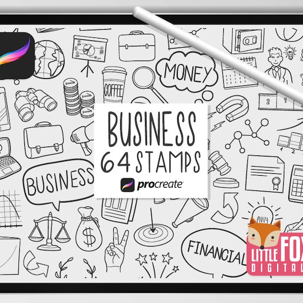 BUSINESS STAMPS, Procreate Brushes, Finance Icons, Money Bundle Doodles. Financial Tool Digital Sticker Planner. Scrapbook Set Coloring.