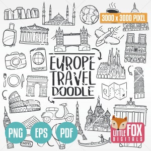 EUROPA, doodle vector iconen. Reizen toerisme Parijs Rome Barcelona Berlijn Londen kunst Cartoon Doodle pictogrammen Clipart digitale kleuren handgetekende.