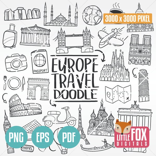 EUROPE, doodle vector icons. Travel Tourism Paris Rome Barcelona Berlin London Art Cartoon Doodle Icons Clipart Digital Coloring Hand Drawn.