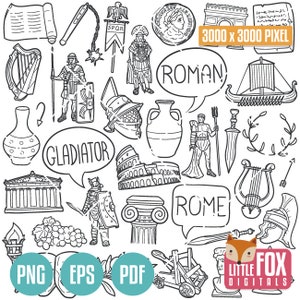 IMPERIO DE ROMA Historia, vectores de iconos de Doodle. Imágenes Prediseñadas de iconos de Doodle de diseño de la época romana de Gladiador. Boceto de imágenes prediseñadas de diseño de arte lineal dibujado a mano.