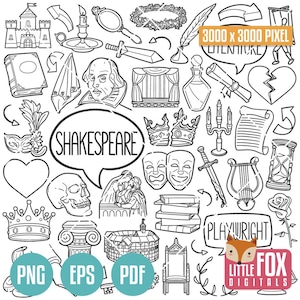 Op de afbeelding: Zwart-wit illustratie met elementen gerelateerd aan literatuur en theater. Bevat een kasteel, een portret van Shakespeare, kronen, maskers, een schedel, een veer en de woorden "Shakespeare" en "Playwright".
