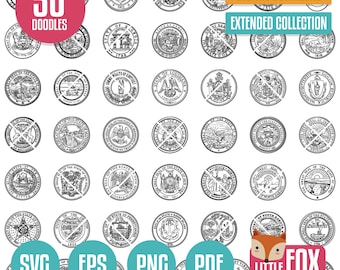 Sello estatal SVG, Iconos vectoriales de garabato del sello estatal Clip Art. Imágenes Prediseñadas de iconos de Doodle de EE. UU. Línea dibujada a mano en EE. UU. Diseño de Estados Unidos de América.