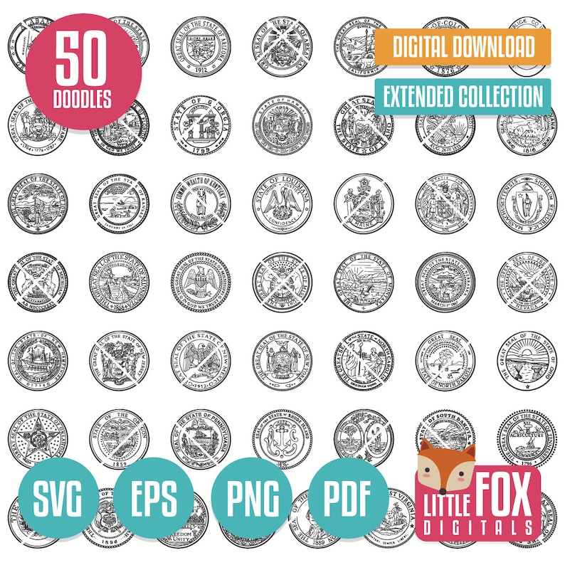 May include: A set of 50 black and white state seal doodles. The seals are arranged in a grid pattern. The text "50 Doodles" is in a red circle at the top left of the image. The text "Digital Download Extended Collection" is in a yellow rectangle at the top right of the image. The text "SVG EPS PNG PDF" is in four turquoise circles at the bottom of the image. The text "Little Fox Digitals" is in a white rectangle with a red fox illustration at the bottom right of the image.