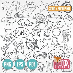 PUNK ANARCHIE, doodle iconen vector. Anti-systeemrevolutie Doodle symbolen. Schets Punk Postzegels Kleuren Hand Getrokken Collectie Krabbel Schets.