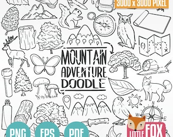 MOUNTAIN ADVENTURE, vector icons. Day Forest Family Friends Doodle Icons Clipart. Set Artwork Coloring Hand Drawn Scribble Sketch.