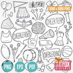 CHEERLEADER, Cheer Doodle vector icons. Cheerleading Clipart Scrapbook Set Hand Drawn Line Art. Design Set Artwork Clip Art Coloring.