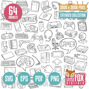 GAMER Doodle Vector Icons. Computer Game Doodle Icons 