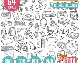 GAMER SVG, Doodle Vektor-Icons. Computer Videospiel Doodle Icons Clipart. Konsole Controller Line Design Artwork Clip Art Färbung Skizze.