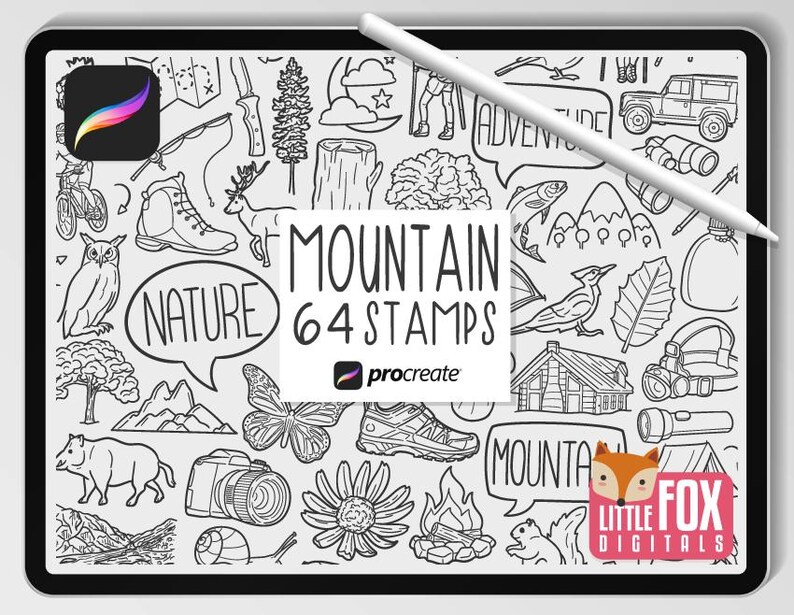 MOUNTAIN, Procreate Brushes, Hiking Icons, Nature Bundle Doodles ...