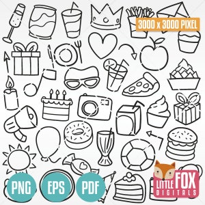 FELIZ ANIVERSÁRIO, ícones de vetores doodle. Clipart de ícones de Doodle de festa. Design de conjunto de scrapbook. Desenho feito à mão para colorir arte de linha. Desenhado à mão.