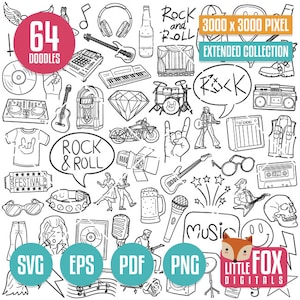 ROCK-'n-ROLL-SVG. Muziek Doodle Pictogrammen Rocker. Hard Rock Instrumenten Clipart Scrapbook Kleurplaten Hand Getrokken. Gitaar Krabbel Schets Lijntekeningen.