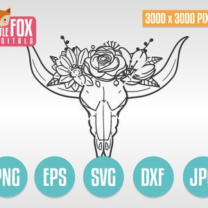 FLOWERS LONGHORN SVG. Skull Cow Cattle Rustic. Animal Farm Silhouette. Clipart Design Silhouette. Bull with Flowers Clipart Stamp Vector.