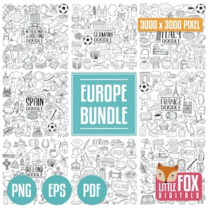 Paquete de EUROPA. Iconos de garabatos europeos. Paquete de imágenes prediseñadas. Conjunto de dibujos para colorear a mano. Colección de viajes de la Unión Europea.