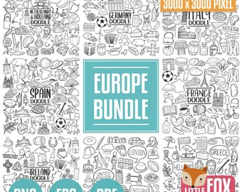 EUROPA Bündel. Europäische Doodle Icons Clip. Set Färbung Hand zeichnen Linie Kunst Sammelalbum. Travel Union Kollektion.