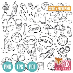 DÍA DE PLAYA, iconos vectoriales de doodle. Clipart de iconos de doodle de vacaciones y viajes. Colección de dibujos a mano para colorear, garabatear, dibujar y scrapbooking.