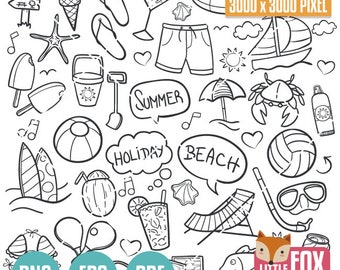 Beach Day Doodle Vector Icons, Hand-Drawn Clipart (Digital Download)