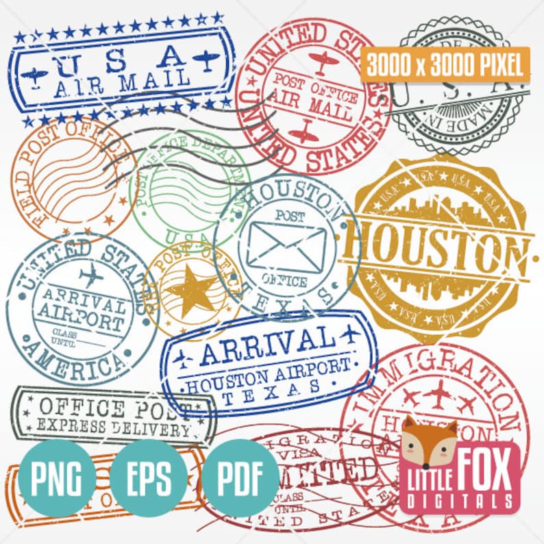HOUSTON TEXAS USA Set of Stamps. Made in Seal Travel Etsy