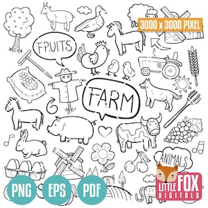 ANIMALI DA FATTORIA, icone vettoriali doodle. Animali e frutta, festività, icone doodle, clipart, album, set da colorare, disegnato a mano, linea arte, scarabocchio.