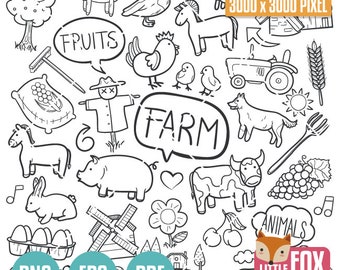 Farm Animals Doodle Vector Icons: Clipart Scrapbook Set (Digital Download)