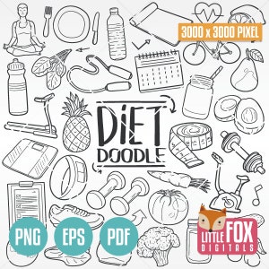 Ikona DIETY wektor doodle. Odżywianie Doodle ikony Clipart Scrapbook Set. Ręcznie rysowane linie artystyczne. Sport i odżywianie grafika Clip Art Coloring.