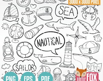 NÁUTICO, ícones vetoriais de doodle. Vida, Animais, Objetos, Doodle, Ícones, Clipart, Scrapbook. Arte, Colorir, Coleção, Desenho à Mão, Esboço, Rabisco.
