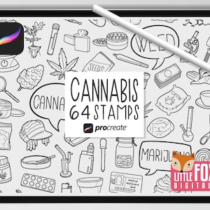 CANNABIS-STEMPEL, Procreate-Pinsel, medizinische Marihuana-Symbole, Rauchbündel-Doodles. Drogen Clipart Digital Planner Scrapbook Set Färbung.
