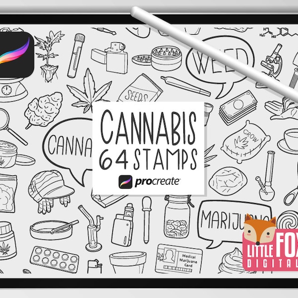 CANNABIS STAMPS, Procreate Brushes, Medical Marihuana Icons, Smoke Bundle Doodles. Drugs Clipart Digital Planner Scrapbook Set Coloring.