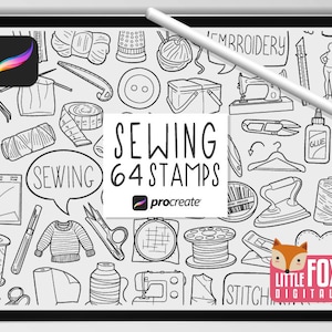 NÄHEN STEMPEL, Procreate Pinsel, Embroidery Zubehör Icons, Crafting Bundle Doodles. Digitale Sticker Planer Scrapbook Set zum Ausmalen.