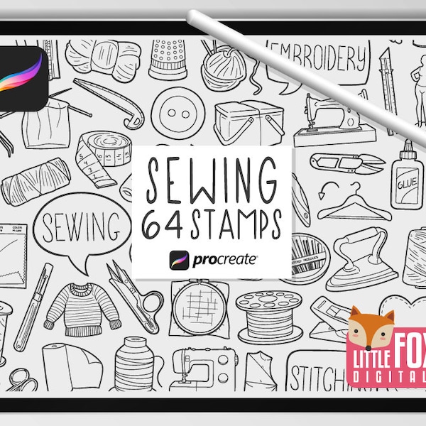SEWING STAMPS, Procreate Brushes, Embroidery Supplies Icons, Crafting Bundle Doodles. Digital Sticker Planner Scrapbook Set Coloring.