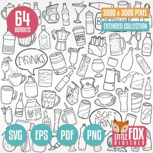 Bebidas y refrescos, iconos vectoriales SVG. Ilustración prediseñada de iconos de bebidas. Diseño artístico, sello, dibujo a mano, clip art, boceto.