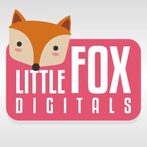 May include: A pink rectangle with the text "LITTLE FOX DIGITALS" in white. A cartoon fox head with orange fur and black eyes peeks out from the top left corner of the rectangle.