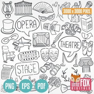 TEATRO, iconos vectoriales Opera Doodle. Conjunto de álbumes de recortes de imágenes prediseñadas de escenario Arte lineal dibujado a mano. Diseño de espectáculo de teatro Conjunto de ilustraciones Clip Art para colorear.