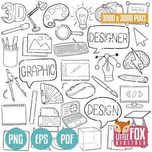 GRAFIK DESIGNER, Doodle Symbol Vektor. Design Unentschieden Doodle Werkzeuge Icons Vektor. Vektorielles Set Künstler zeichnen. Sketch Line Art Hand Gezeichnetes Gekritzel.