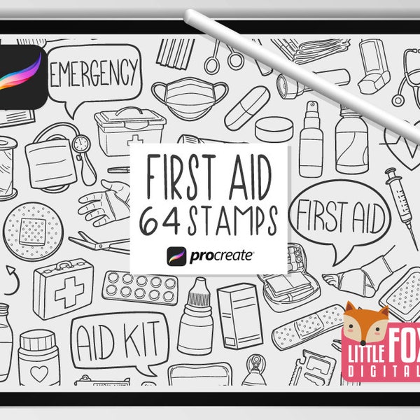 FIRST AID STAMPS, Procreate Brushes, Medical Icons, Hospital Bundle Doodles. First Aid Kit Digital Sticker Planner Scrapbook Set Coloring.